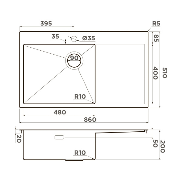 Мойка кухонная Omoikiri AKISAME 86 SIDE IN-L 4997031, нержавеющая сталь